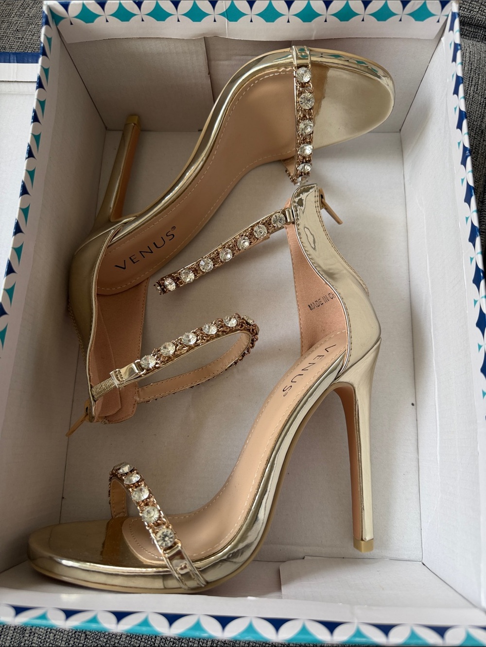 VENUS Gold Crystal-Strap Stiletto Sandals